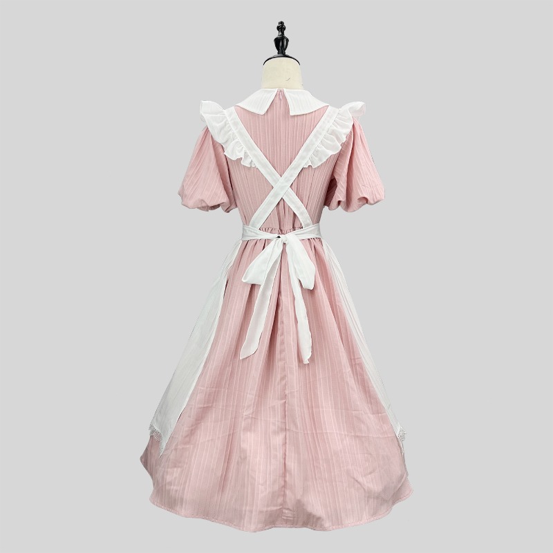Long Pink White Maid Dress wit - Vintage Fashion Dresses recension och pris